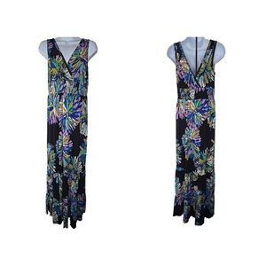 AB Studio Women's Vneck Maxi Dress LG Sleeveless Black Floral Vback Empire Waist